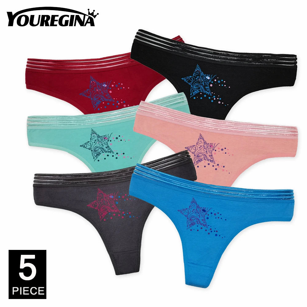 5 Pcs Women’s Cotton Thong Panties Set - Sexy Dot Star Print G-String Tanga Lingerie Intimate Underwear