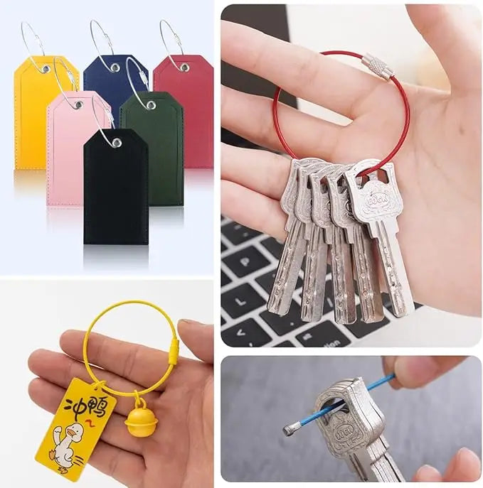 Metal Keychain Tag with Stainless Steel Wire Cable - Screw Lock Gadget Ring for Camping & Hardware