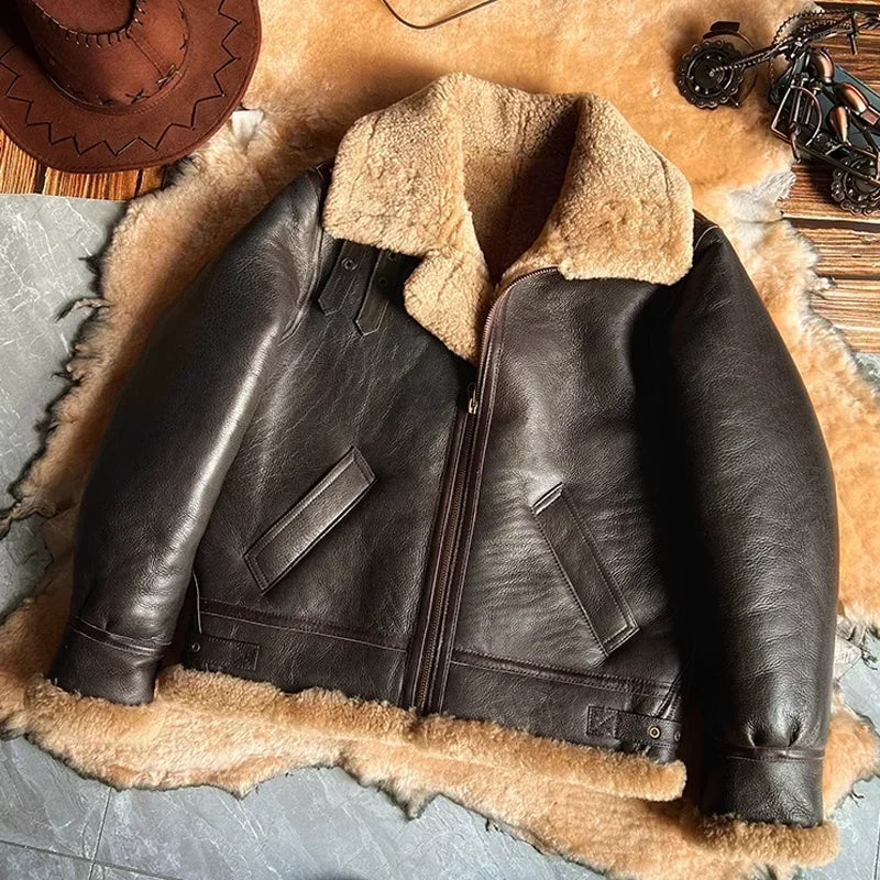 Men's Genuine Sheepskin Shearling Coat - Thick Wool Lined Winter Leather Jacket Brown Plus Size XXXXXXL