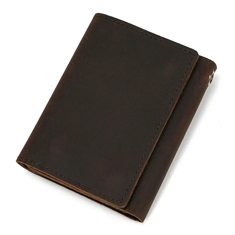 Men’s Genuine Leather Short Wallet with Chain – Trifold Zipper Clutch, Card Holder & Coin Purse