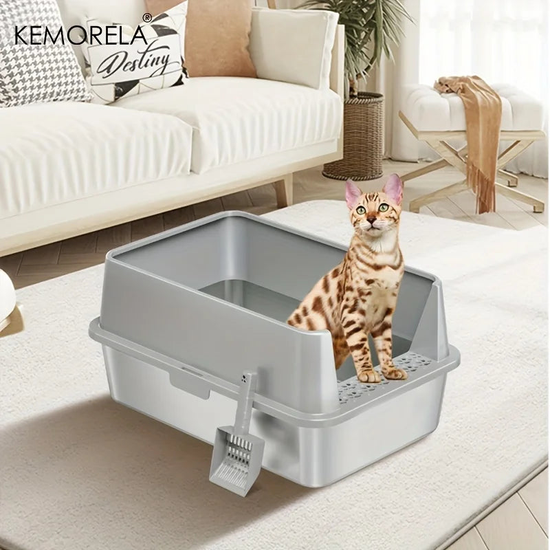Super Large XL Stainless Steel Cat Litter Box with Lid – High Side Closed Design for Large & Small Cats, Includes Scoop