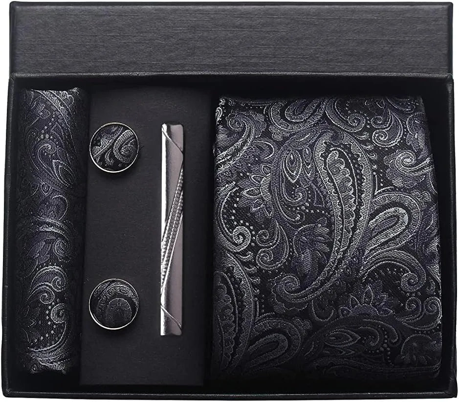100% Silk Men’s Necktie Set with Paisley Floral Design, Business Tie with Pocket Square, Tie Clip & Cufflinks Gift Box Set for Men