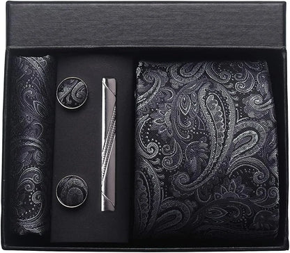100% Silk Men’s Necktie Set with Paisley Floral Design, Business Tie with Pocket Square, Tie Clip & Cufflinks Gift Box Set for Men