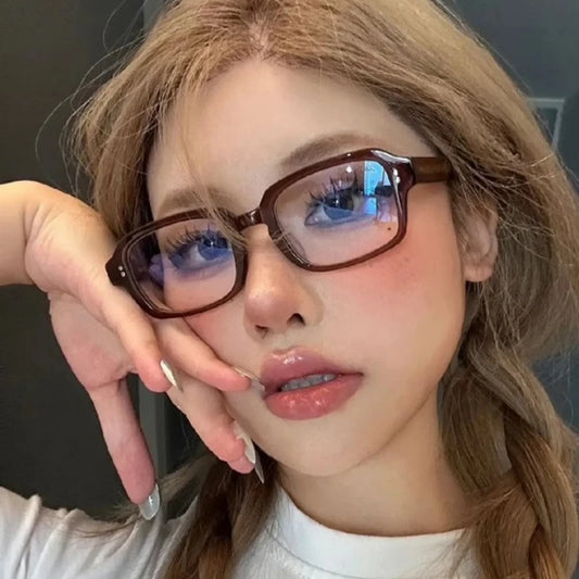 Retro Square Oval Blue Light Glasses – Thick Red Frame Korean Fashion Eyewear for Women