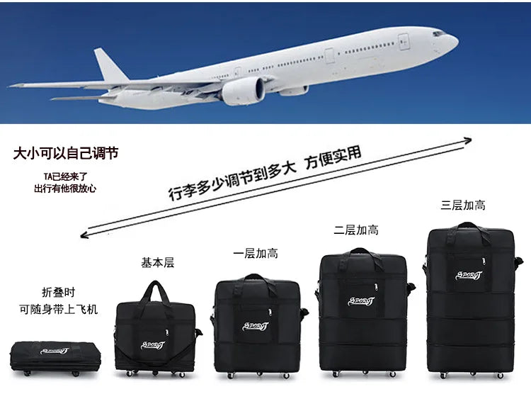Foldable Trolley Travel Bag with Wheels – Expandable Black Luggage for Men & Women, Ideal for Weekend Trips & Overnight Travel