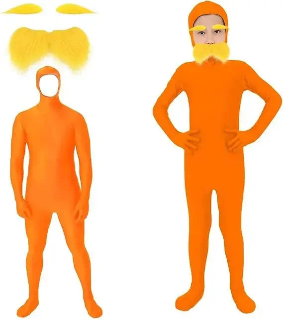 Halloween Orange Jumpsuit Costume - Funny Moustache & Eyebrow Masquerade Outfit for Kids & Adults