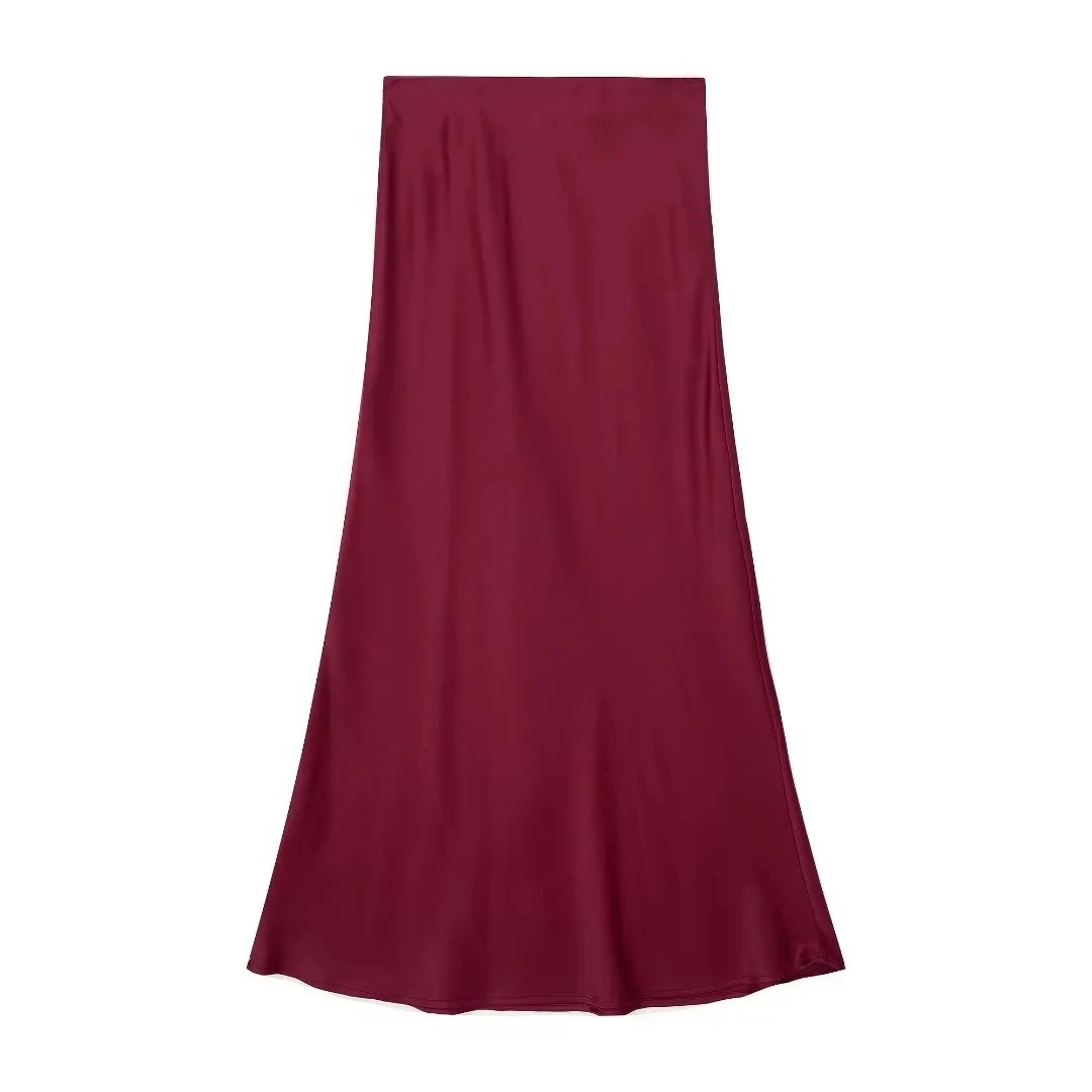 TRAFZA 2024 Y2K Women’s Long Skirt – Elastic High-Waist A-Line Satin Skirt for Spring Casual & High Street Fashion