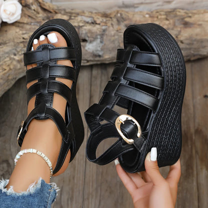 Women’s Summer Ankle Buckle Wedge Sandals – Patchwork Platform Breathable Non-Slip Soft Sole Gladiator Shoes