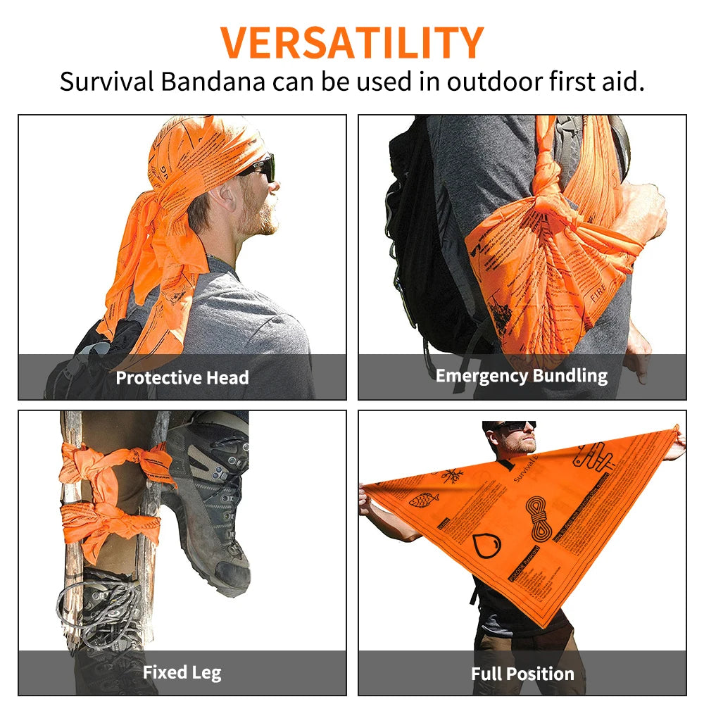 Survival Bandana - Heavy Duty Construction with Easy-to-Read Tips, High-Visibility Orange for Backpacking, Camping, Hiking, and Emergency Use