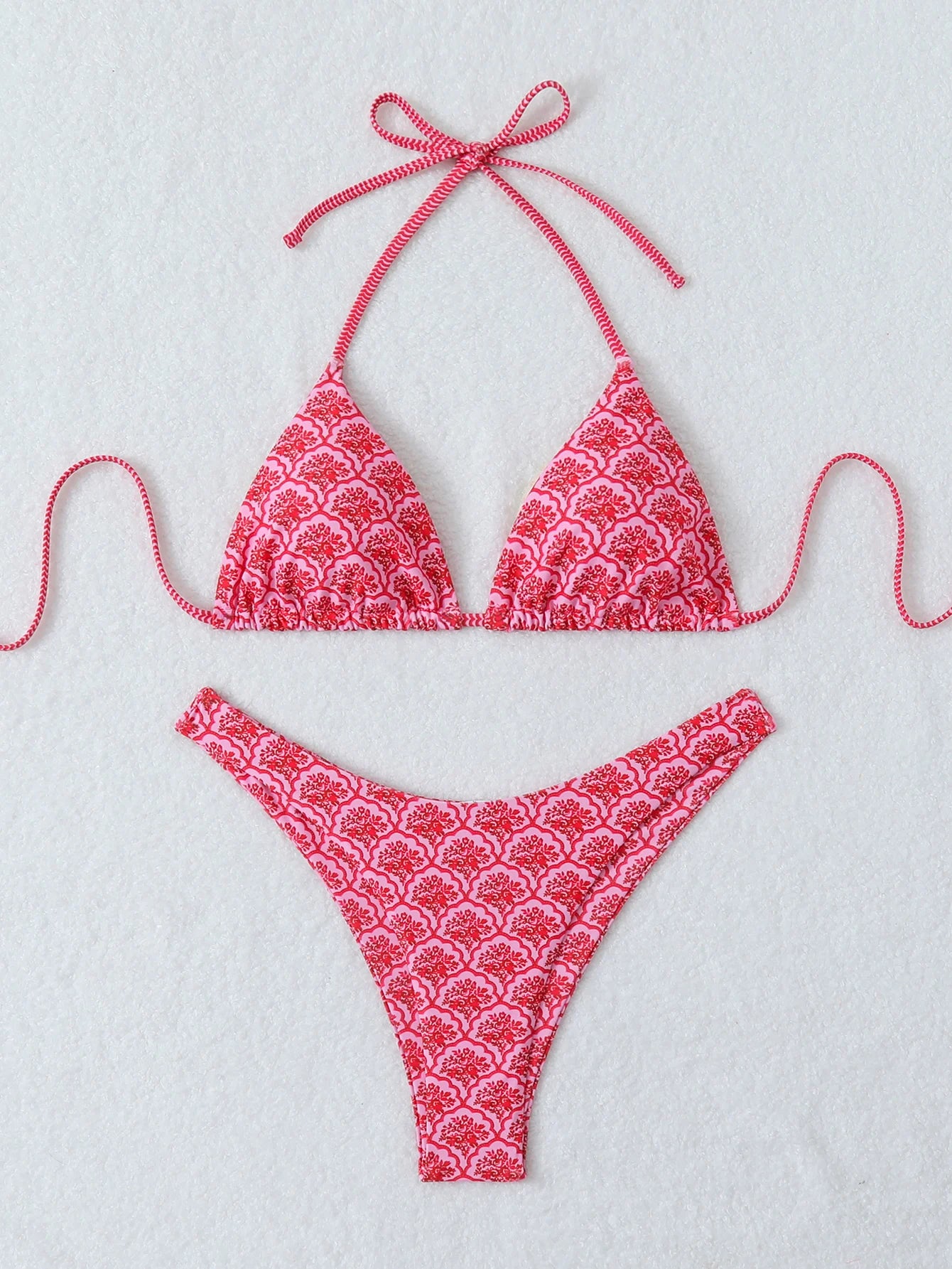 Retro Floral Print Bikini Set - Women's High Waisted Lace Up 2 Piece Summer Swimsuit Beachwear