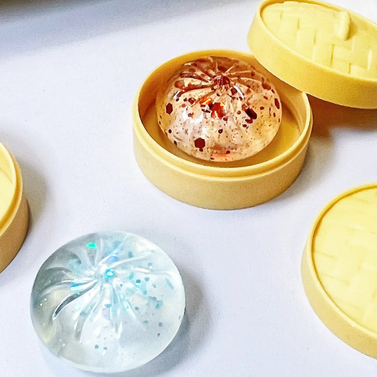 Crystal Mini Dumpling & Steamed Bun Squishy Set - Soft Squeeze Stress Relief Fidget Toys with Steamer, Party Favors & Gifts