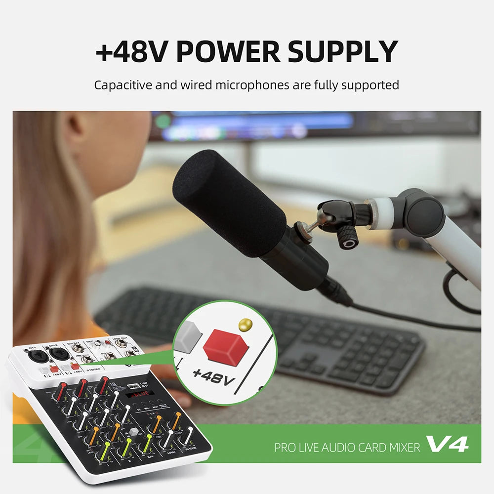 Debra V8 8-Channel Audio Mixer – Bluetooth & USB Mixer with 48V Phantom Power, Delay/Repeat Effects for PC Recording & Sound Console