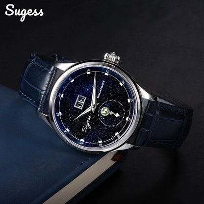 Sugess Moonphase Men’s Automatic Mechanical Watch — 40MM Stainless Steel with Seagull ST2528 Movement and Blue Sandstone Dial