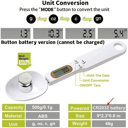 Mini Spoon Scale | Digital Kitchen Scale with LCD for Measuring Food | 0.1-500g Weight Measure for Flour, Milk, Coffee Powder