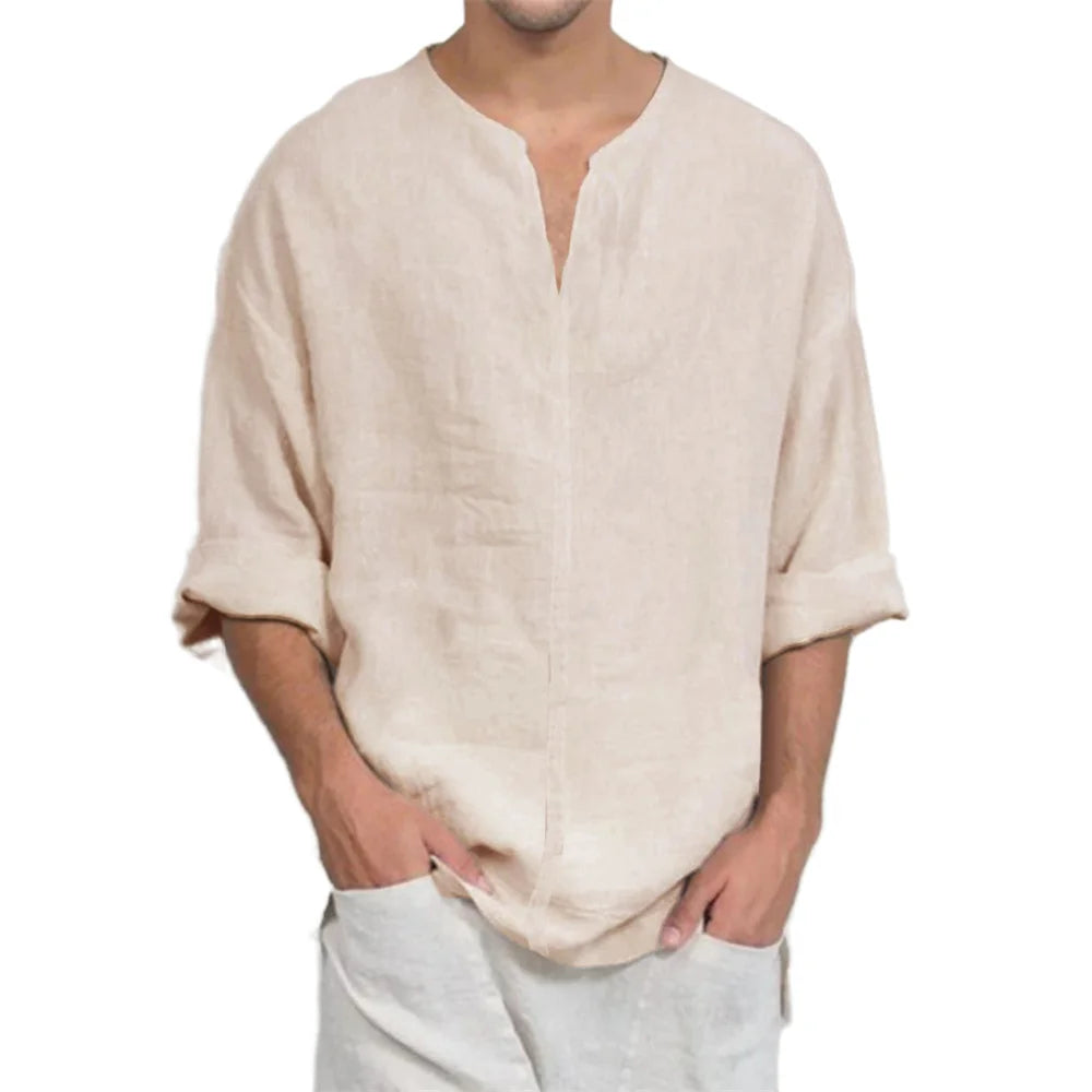 Men’s Cotton Linen V-Neck T-Shirt - Lightweight Breathable Long Sleeve Casual Solid Color Comfort Top