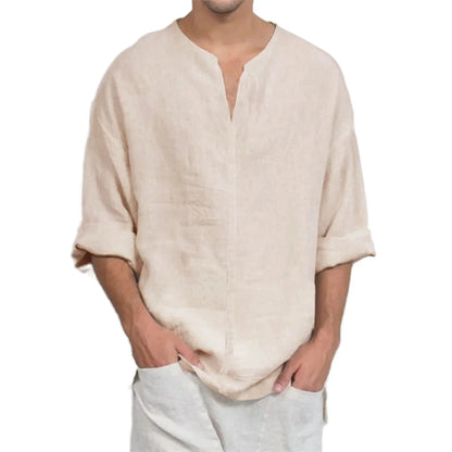 Men’s Cotton Linen V-Neck T-Shirt - Lightweight Breathable Long Sleeve Casual Solid Color Comfort Top