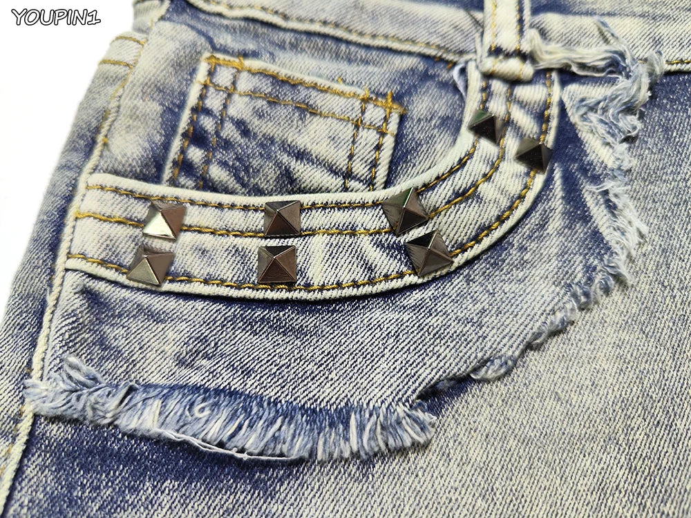 Sexy Low Rise Denim Shorts – Women’s Slim Skinny Rivet Vintage Blue Y2K Jeans for Summer