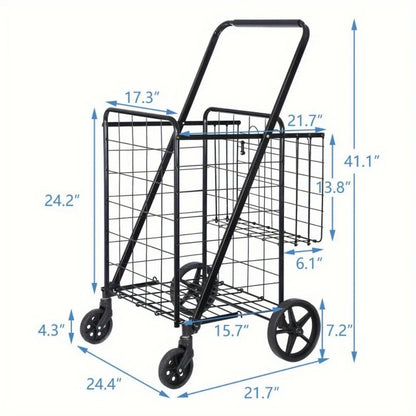 Foldable Shopping Cart with Wheels — Durable Black Utility Basket Trolley for Market & Home Use