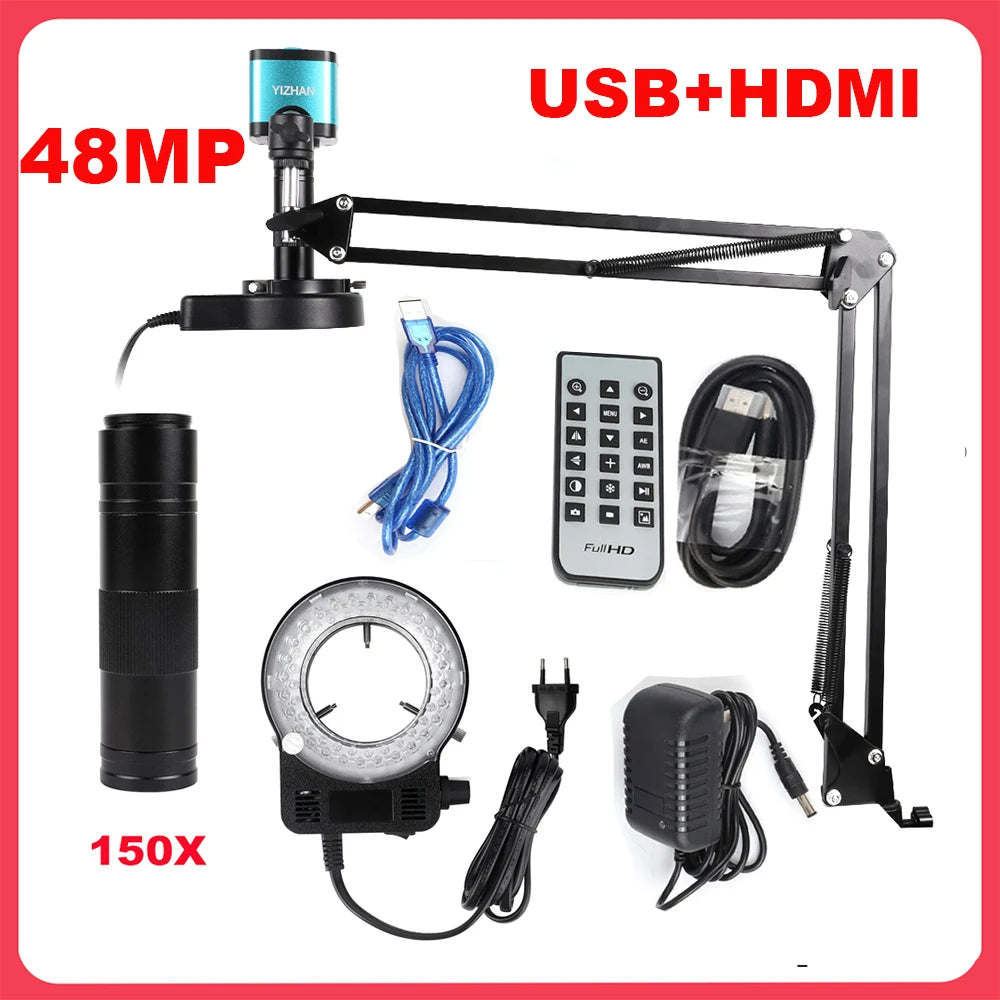 1080P 48MP 4K Digital Microscope – HDMI/USB/VGA Camera with 150X C-Mount & Articulated Arm for Repair