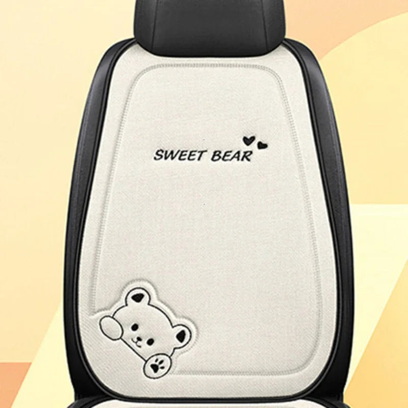 Universal Cartoon Bear Linen Car Seat Cushion - Cute, Breathable, Anti-Slip Seat Protector for Women and Everyday Driving