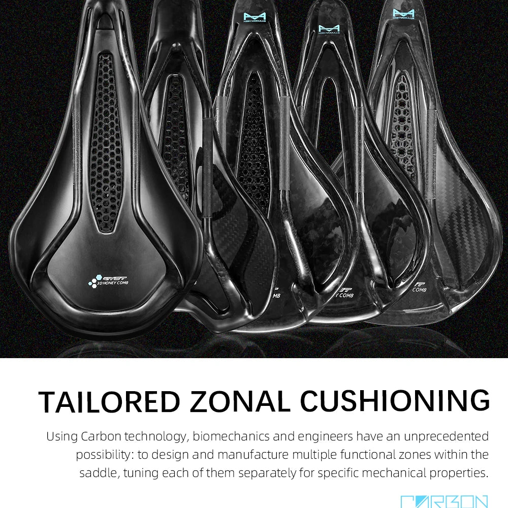 RYET Ultra Full Carbon 3D Printed Bike Saddle — 145mm Lightweight MTB Seat with High Modulus Carbon Fiber Base