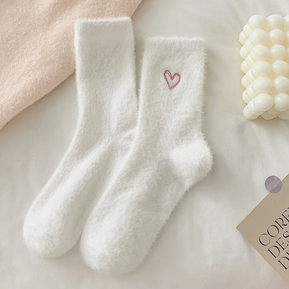 Thickened Pink Mink Fur Heart Embroidered Socks — Women’s Autumn Winter Warm Plush Mid-Tube Home Sleep Socks