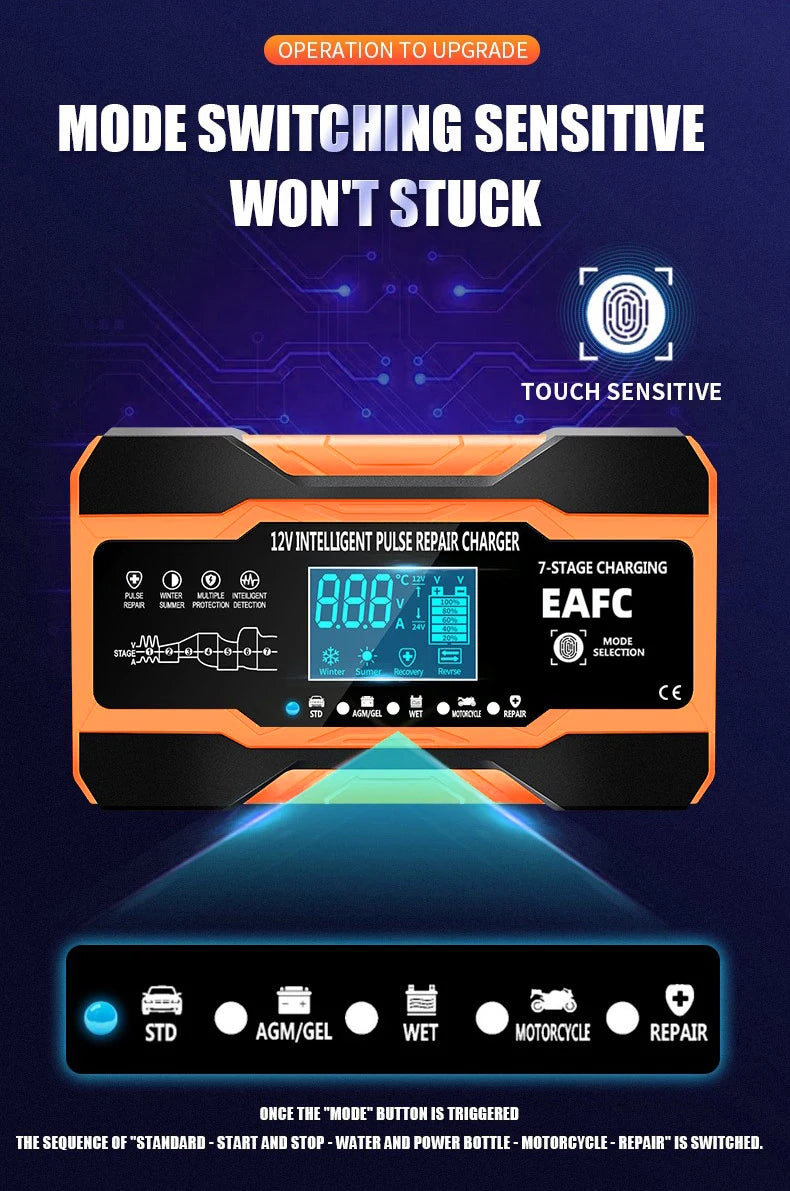12V/24V Smart Battery Charger — 10A/12A Fast Charger with 7-Stage Pulse Repair for AGM, GEL, WET Lead-Acid Car Batteries