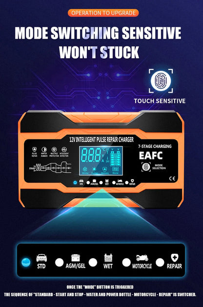12V/24V Smart Battery Charger — 10A/12A Fast Charger with 7-Stage Pulse Repair for AGM, GEL, WET Lead-Acid Car Batteries