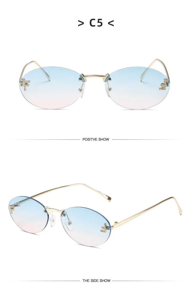 Diamond Letter "F" Rimless Sunglasses | Women’s Luxury Metal Frame Black Oval UV400 Shades