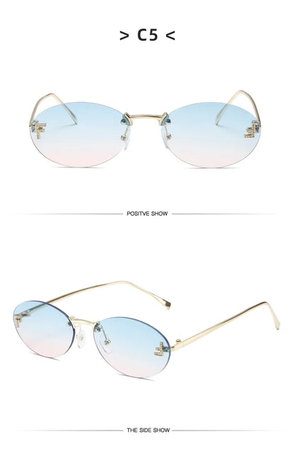 Diamond Letter "F" Rimless Sunglasses | Women’s Luxury Metal Frame Black Oval UV400 Shades