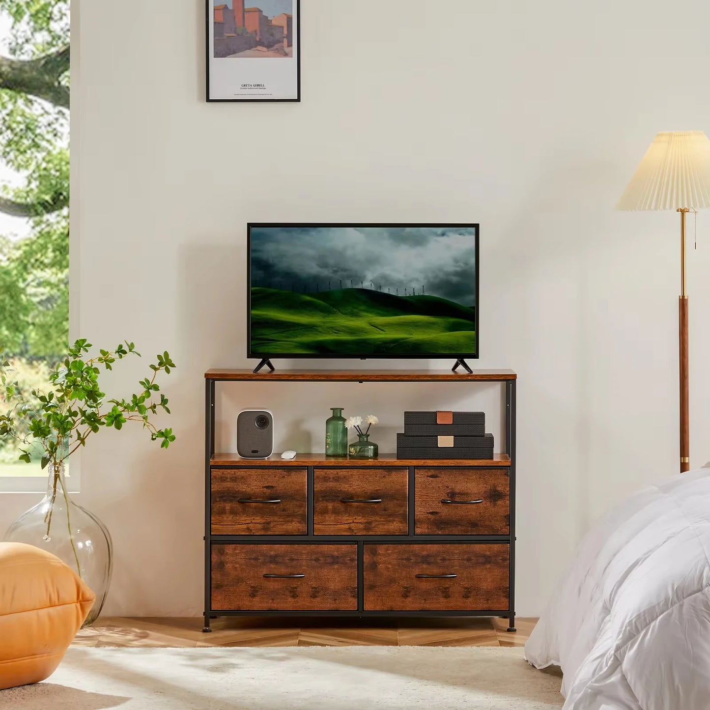 Fireplace TV Stand Dresser — Bedroom Storage Cabinet with 5 Fabric Drawers for Clothes & Display Furniture