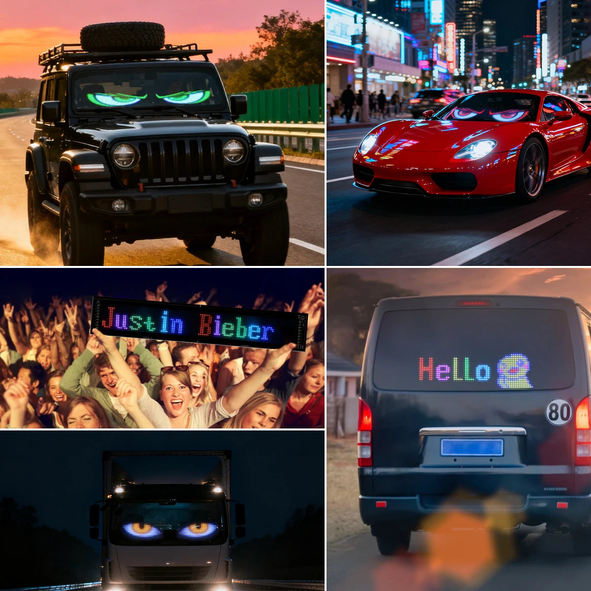 2PCS Programmable RGB LED Car Display Panels - DIY Scrolling Text, Pixel Matrix, Devil’s Eye Animation Lights for Cars and Trucks