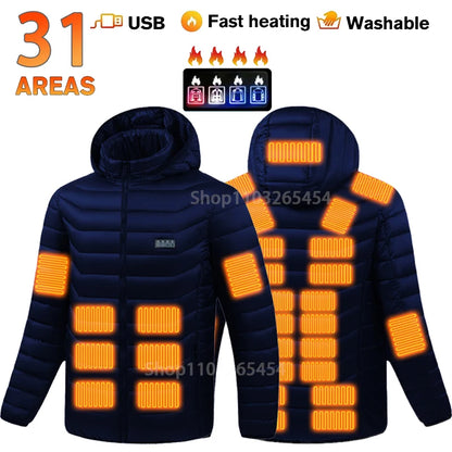 31-Zone Smart USB Heated Jacket for Men & Women – Waterproof Polyester Thermal Coat for Winter, Skiing, and Outdoor Activities