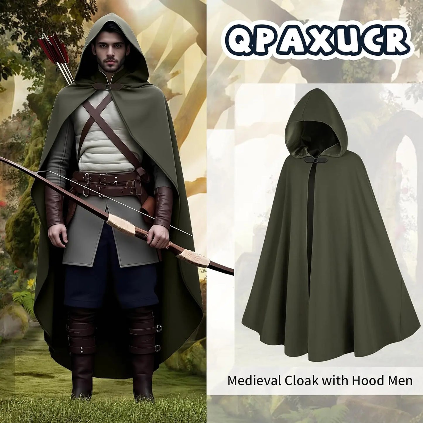 Men’s Medieval Hooded Cloak – Round Metal Buckle with Green Leaf Brooch Necklace for Halloween Costume