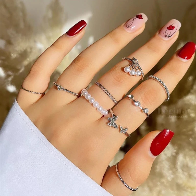 Bohemian Butterfly Pearl Rings Set – Vintage Gothic Plated Retro Rhinestone Finger Jewelry for Women, Gift Idea