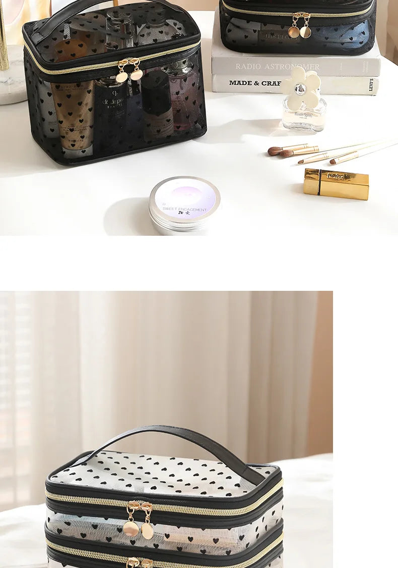 Double-Layer Black Mesh Cosmetic Bag – Large Capacity Travel Makeup Case Organizer with Zipper Toiletry Pouch