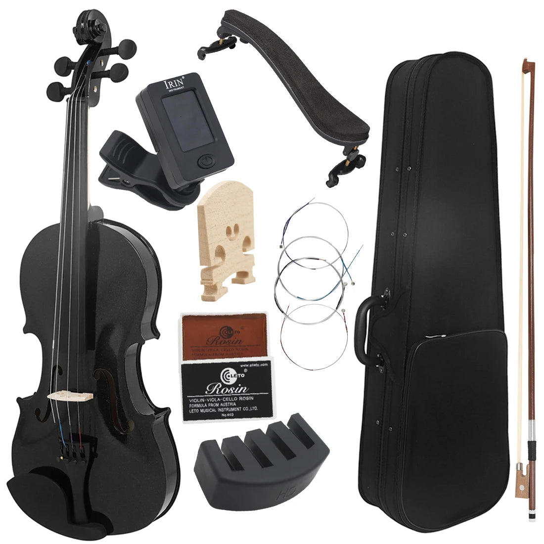 4/4 Solid Wood Black Violin - Acoustic Beginner Violin Set with Case, Bow, Rosin, Tuner & Accessories