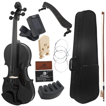 4/4 Solid Wood Black Violin - Acoustic Beginner Violin Set with Case, Bow, Rosin, Tuner & Accessories