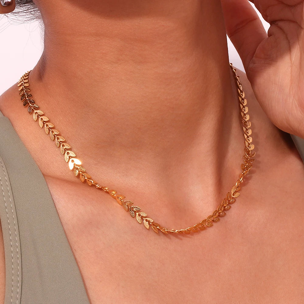 La.Muses Gold Plated Leaf Chain Necklace – Stainless Steel Fishtail Design Bracelet & Anklet Jewelry Set for Women