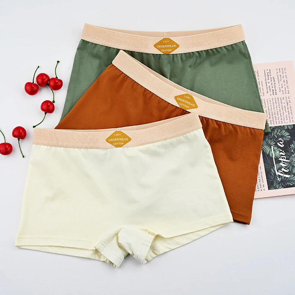3PCS Women’s Cotton Boxer Underwear — Multicolor Solid Breathable Knit Panties, Soft High-Elastic Mid-Rise Boyshorts
