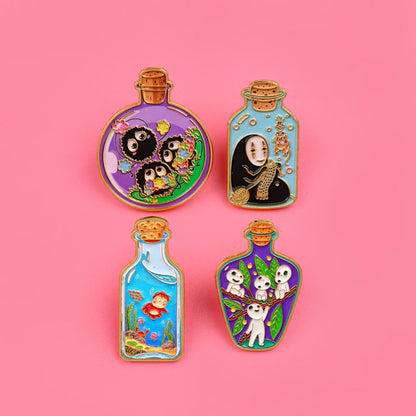 4-Piece Anime Ghost Enamel Pin Set - Magic Bottle Lapel Badges for Backpacks, Clothing, and Collectible Gifts