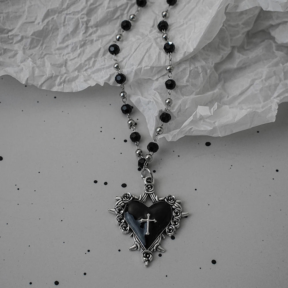 Gothic Bat Cross Necklace Set - Y2K Thorn Love Black Beaded Layered Jewelry for Halloween Parties