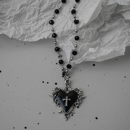 Gothic Bat Cross Necklace Set - Y2K Thorn Love Black Beaded Layered Jewelry for Halloween Parties