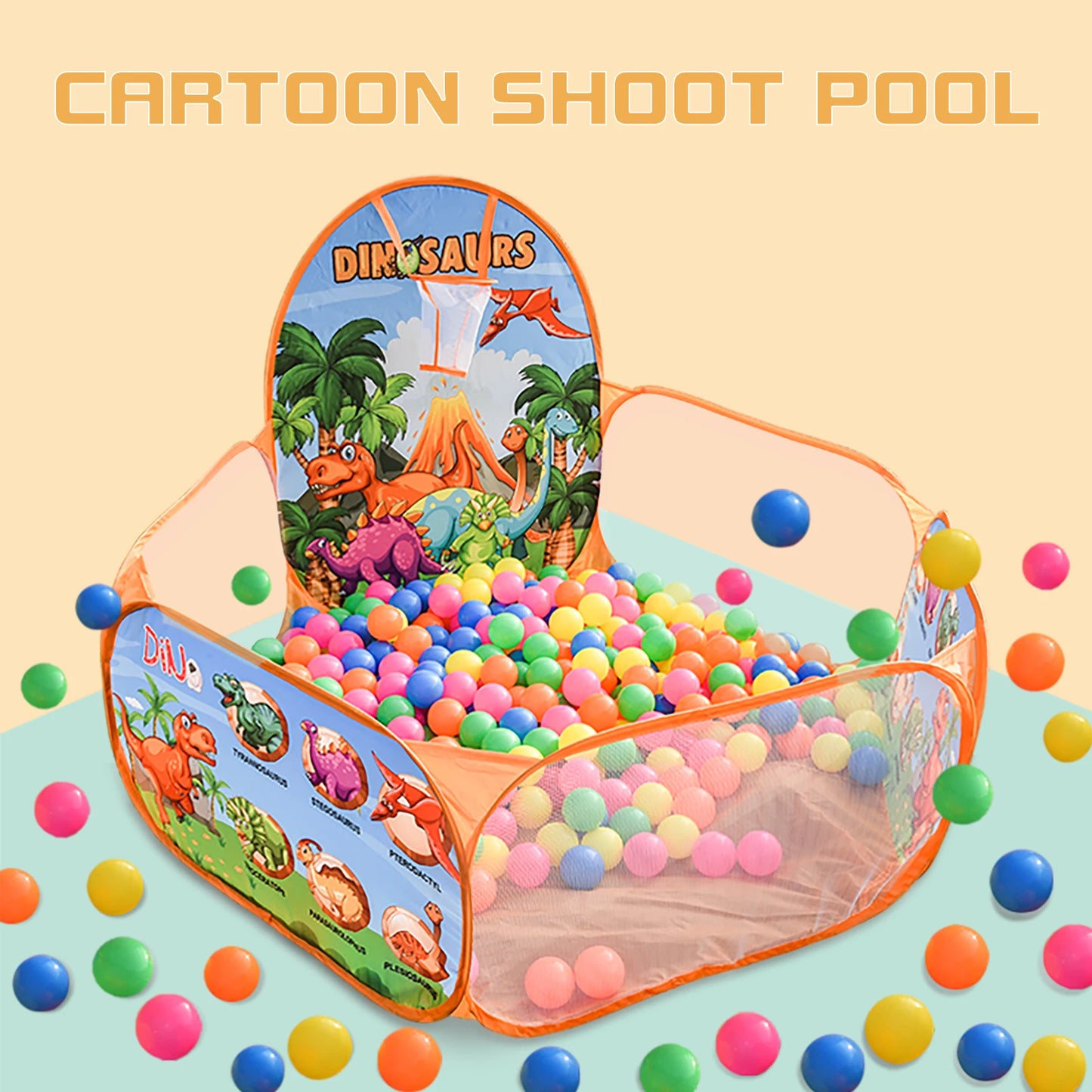 Cartoon Dinosaur Ball Pool Tent – Blue & Orange Foldable Indoor/Outdoor Play Tent for Kids (Balls Not Included)