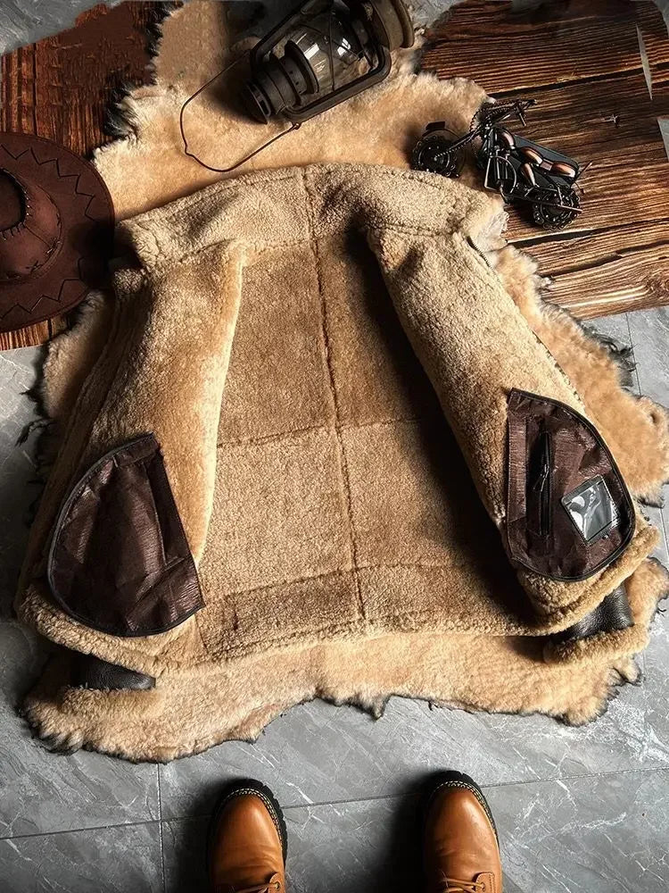 Men's Genuine Sheepskin Shearling Coat - Thick Wool Lined Winter Leather Jacket Brown Plus Size XXXXXXL