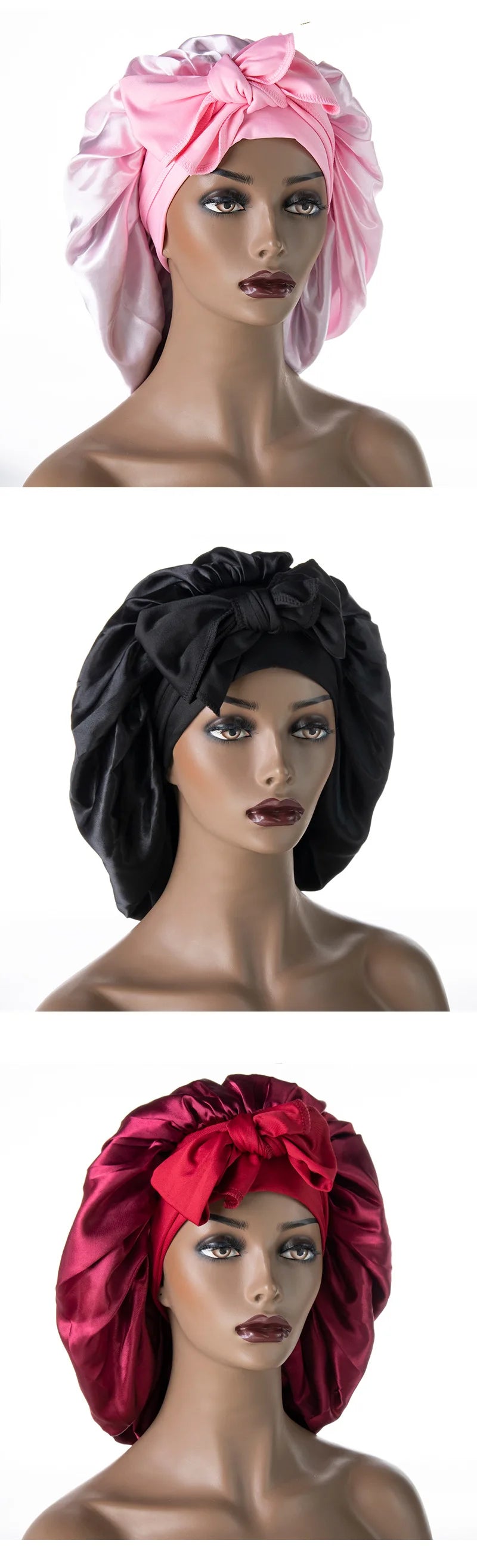 Satin Nightcap for Women - Wide Stretch, Extra-Large Long Tail, Shower Cap with Ribbon, Round Hat Hair Bonnet