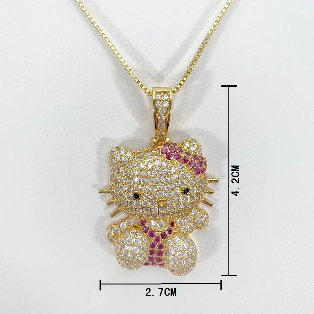 Kawaii Hello Kitty Necklace – Anime Sanrio Hip Hop Diamond Pendant with Cuba Chain, Cute Cartoon Jewelry Gift for Men & Women