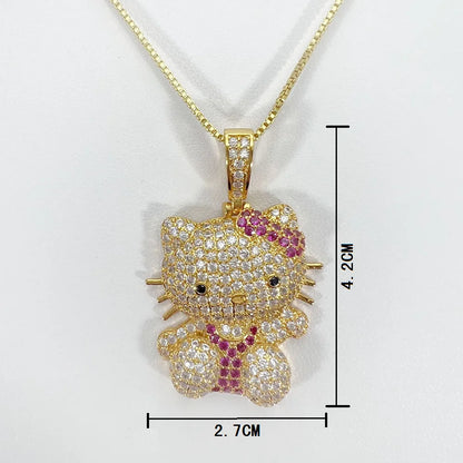 Kawaii Hello Kitty Necklace – Anime Sanrio Hip Hop Diamond Pendant with Cuba Chain, Cute Cartoon Jewelry Gift for Men & Women