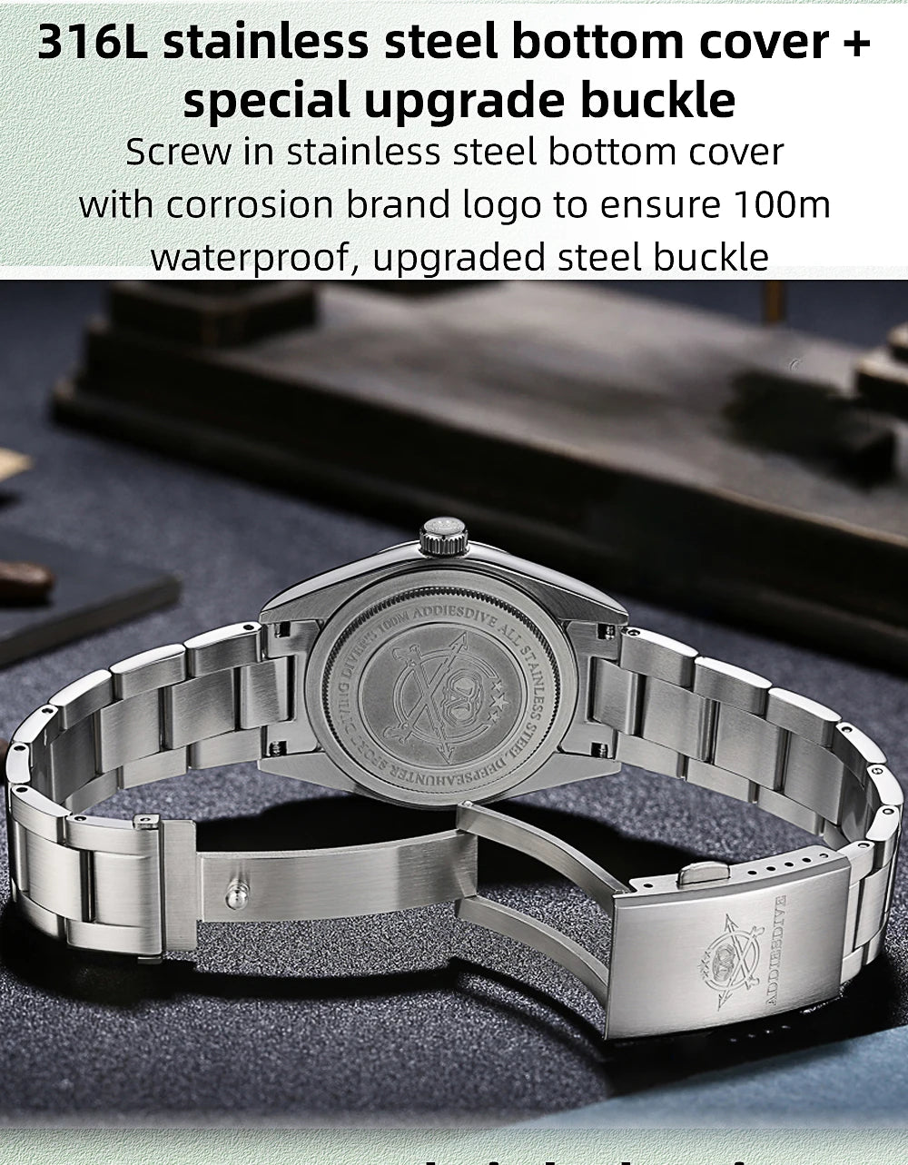 ADDIESDIVE 36MM Men's Stainless Steel Quartz Watch — Luxury Bubble Mirror Glass, 100M Waterproof Timepiece AD2066