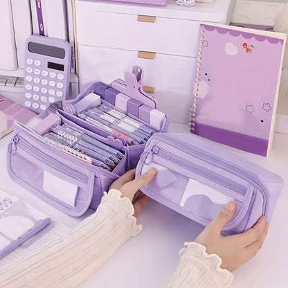 Large Capacity Pencil Case Organizer - Multi Compartment School & Office Supply Storage Bag in Pink Purple Black